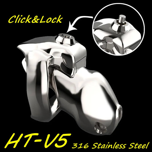316 Stainless Steel Metal HT-V5 Click&Lock Male Chastity Device Cock Cage Penis Ring Belt Fetish Adult Sex Toys