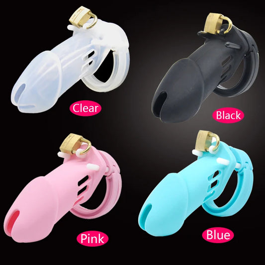 Male Silicone Chastity Device Cock Cage Sex Toys With 5 Penis Ring Adult Belt Brass Lock Standard/Short Cage